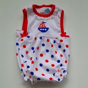 Vintage White Baby Romper with Red and Blue Polka Dots, Sailboat, Ruffle, 3/6 M